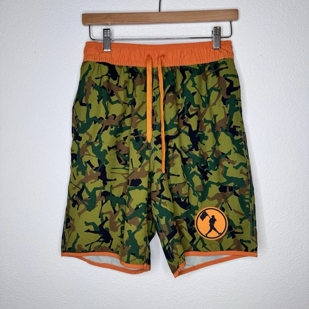 BASEBALLISM Mens Size Medium Camouflage Baseball Swim‎ Trunks Orange Trim